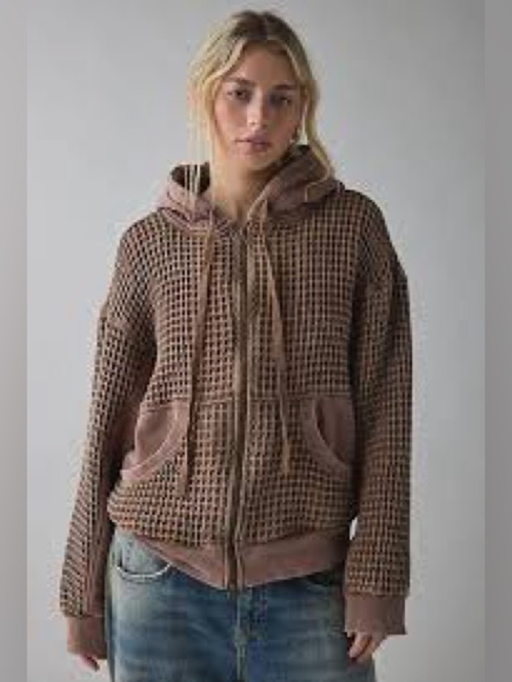 BDG Urban Outfitters Field Day Waffle Knit Zip-Up Hoodie Mauve Brown Large